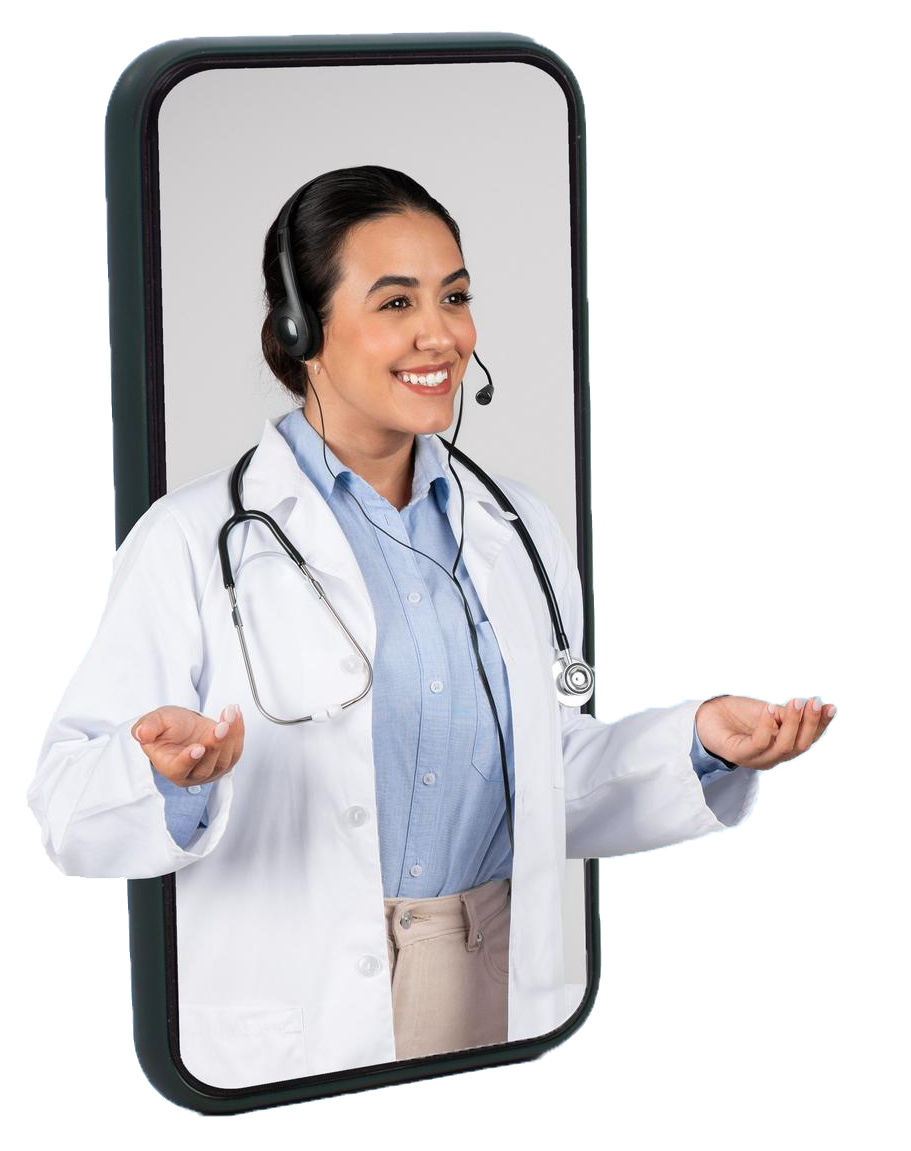 Médico saindo da tela do celular
